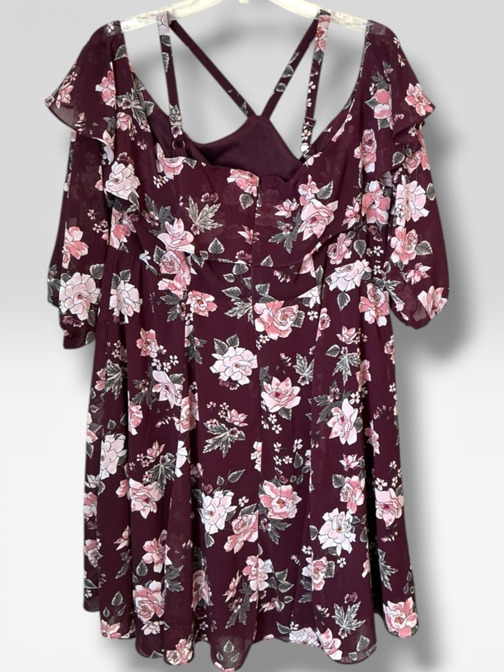 🌺Torrid burgundy floral print chiffon ruffled skater dress - Picture 5 of 9